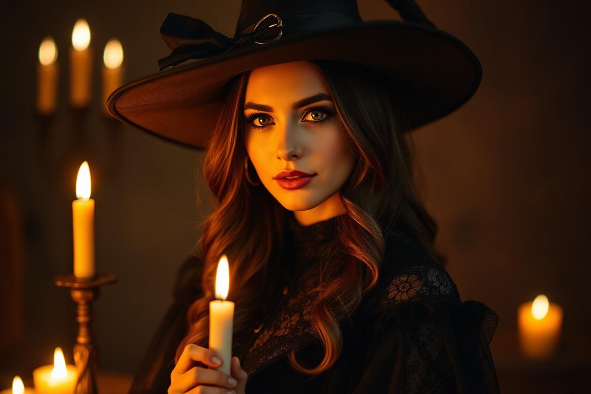 Mulher com fantasia de bruxa moderna em ambiente iluminado por velas.