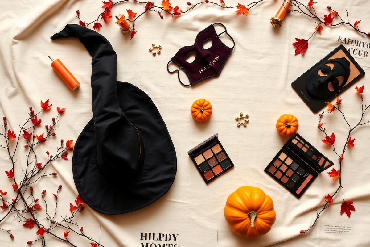 Itens de Halloween organizados sobre uma superfície clara para comparação de compras.
