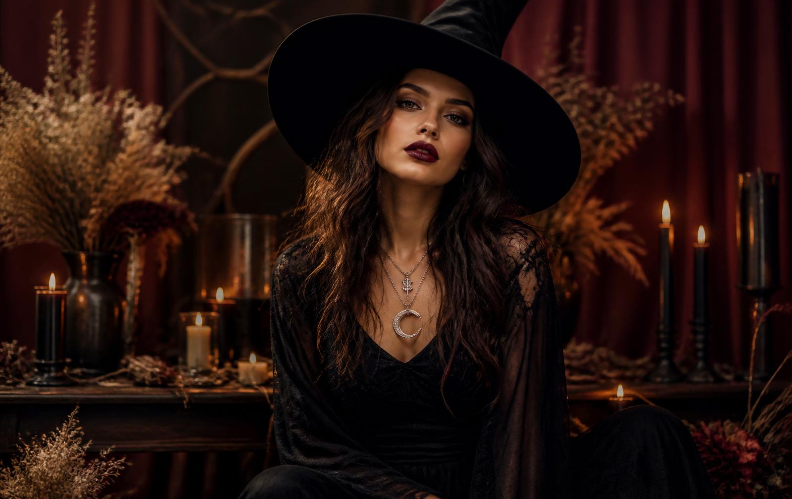 Mulher em fantasia de bruxa moderna com chapéu de feltro e velas ao fundo.