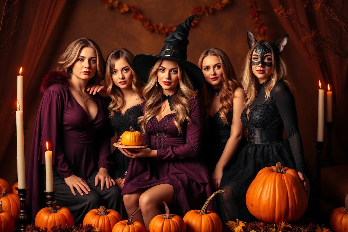 Grupo de pessoas com diferentes fantasias de Halloween reunidas para foto.