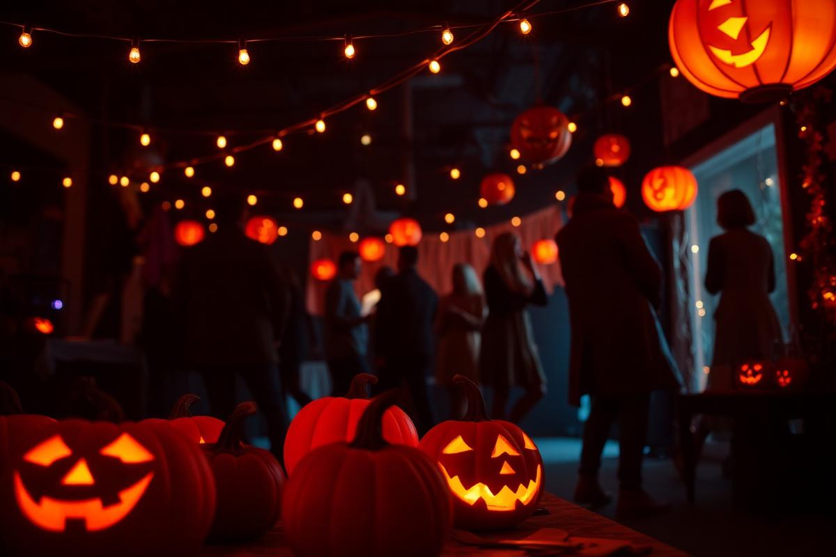 Ambiente de festa noturna de Halloween com luzes quentes e decoração temática.