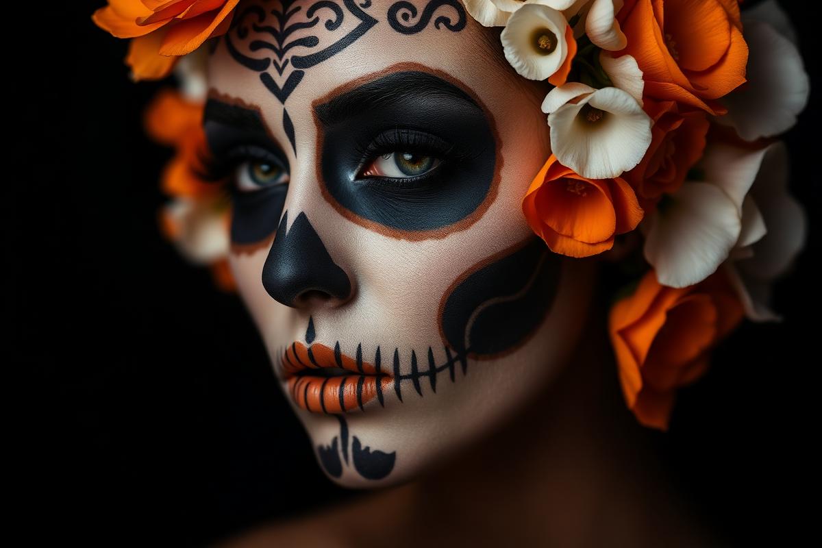 Maquiagem artística de Halloween aplicada no rosto de uma mulher adulta.