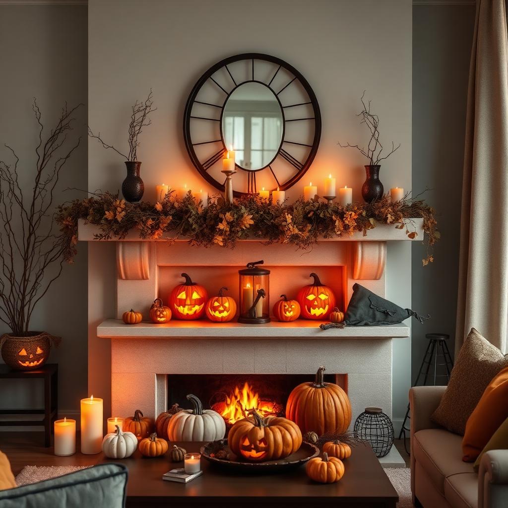 Sala decorada para o Halloween com abóboras iluminadas, velas e guirlanda de folhas secas.