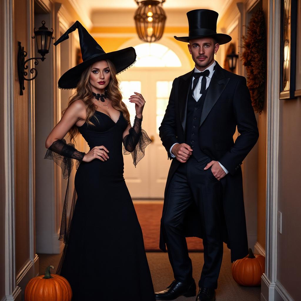 Casal adulto com fantasias elegantes de Halloween em corredor decorado com abóboras.
