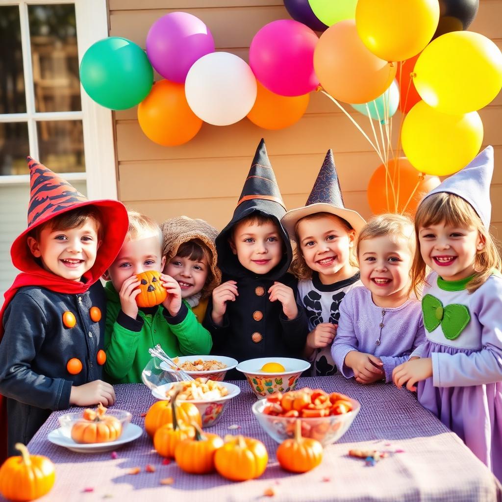 Crianças fantasiadas em volta de uma mesa de festa infantil de Halloween.
