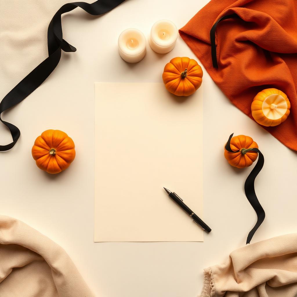 Papel em branco, caneta, velas e pequenas abóboras sobre mesa clara, vistos de cima.