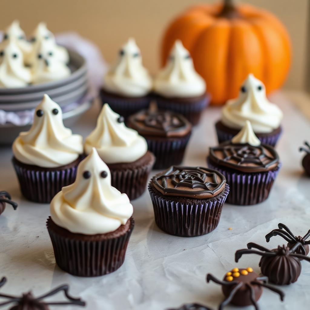 Cupcakes de Halloween com cobertura em formato de fantasma e teia de chocolate.