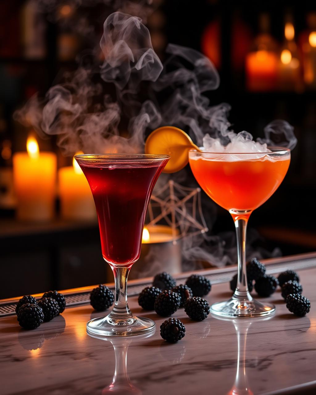 Dois drinks temáticos de Halloween servidos em taças sobre balcão com velas acesas.