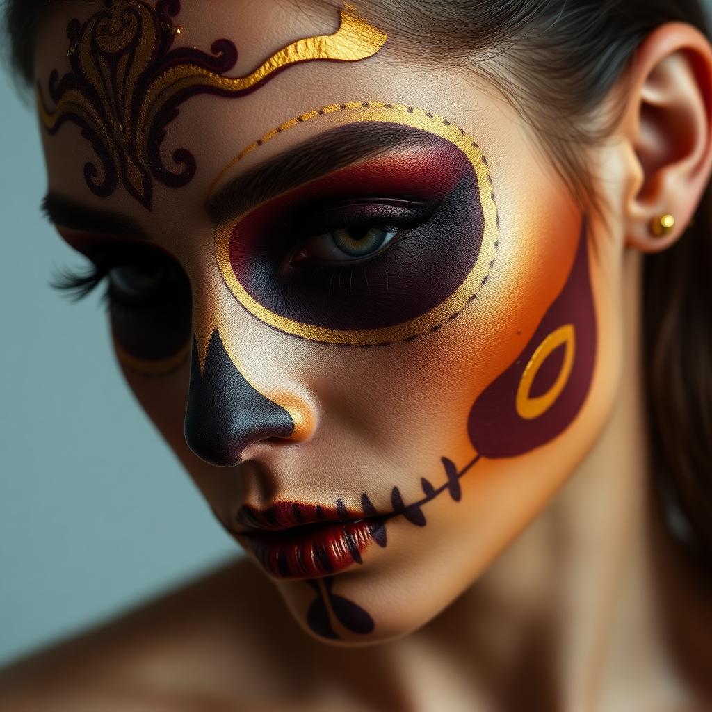 Maquiagem artística de caveira mexicana em tons de dourado e ameixa.