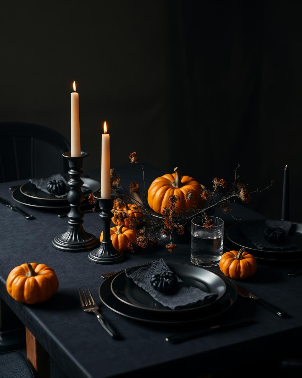 Mesa posta para jantar de Halloween com velas, abóboras e louça escura.