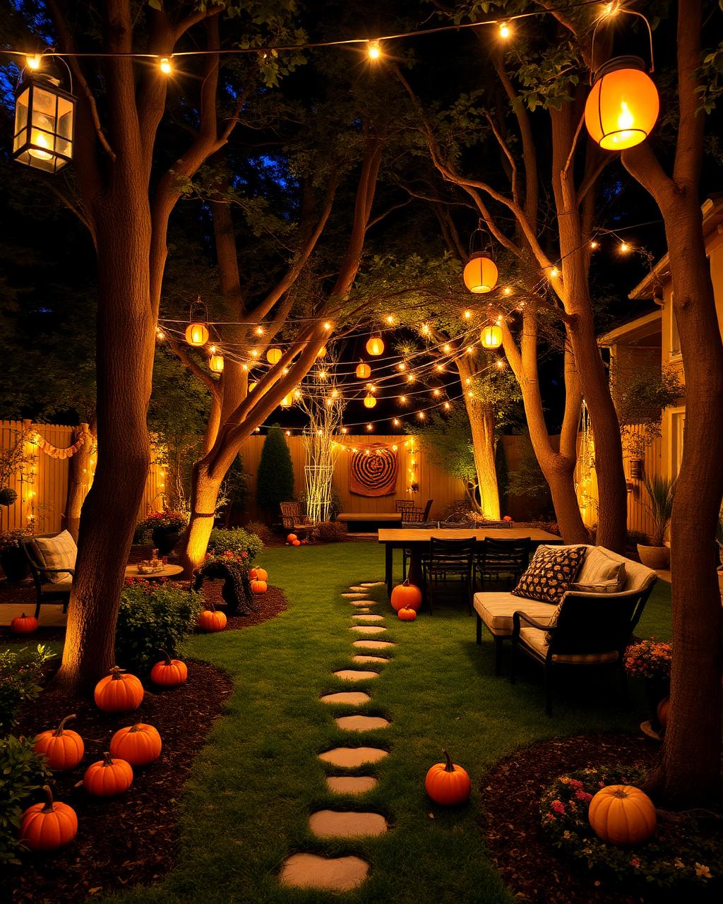 Quintal decorado para festa de Halloween com varal de luzes, lanternas e abóboras.