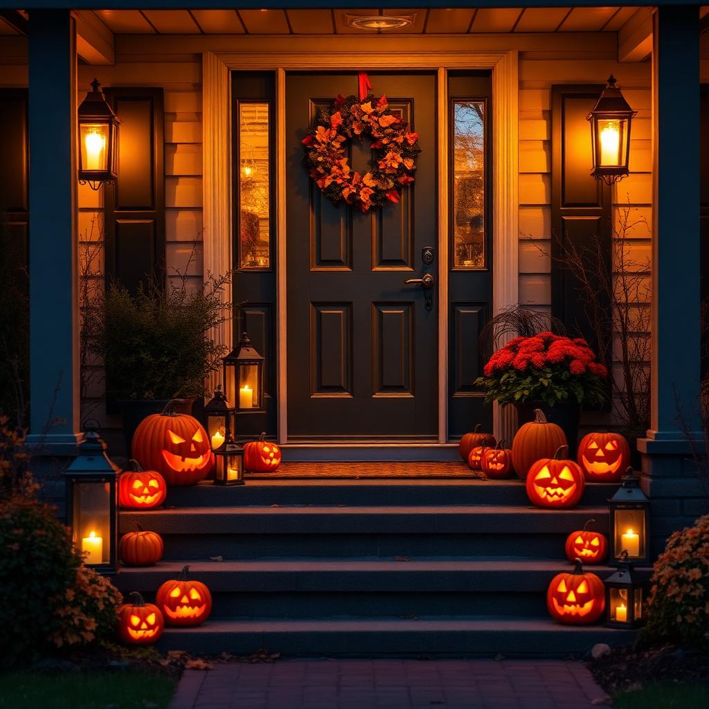 Entrada de casa decorada com abóboras iluminadas, lanternas e guirlanda de outono.