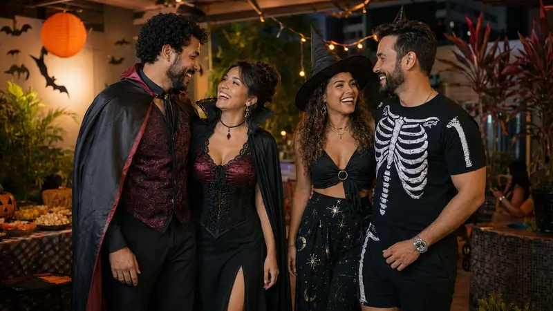 Casais e amigos brasileiros usando fantasias coordenadas de Halloween