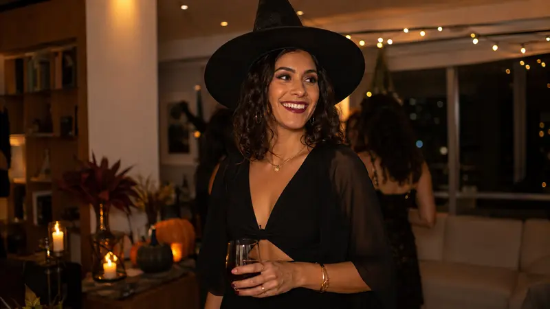 Mulher brasileira usando fantasia feminina de bruxa moderna em uma festa de Halloween