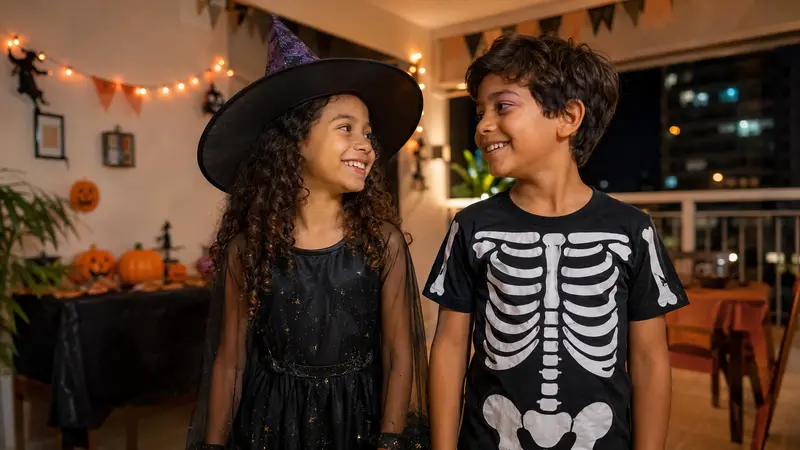 Crianças brasileiras usando fantasias infantis de Halloween em uma festa familiar