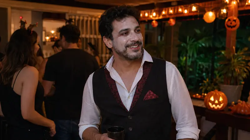 Homem brasileiro usando fantasia masculina de vampiro em uma festa de Halloween