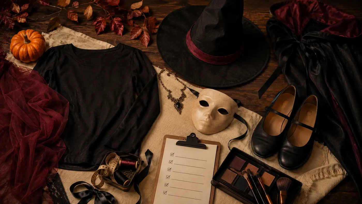 Roupas e acessórios organizados para montar uma fantasia de Halloween