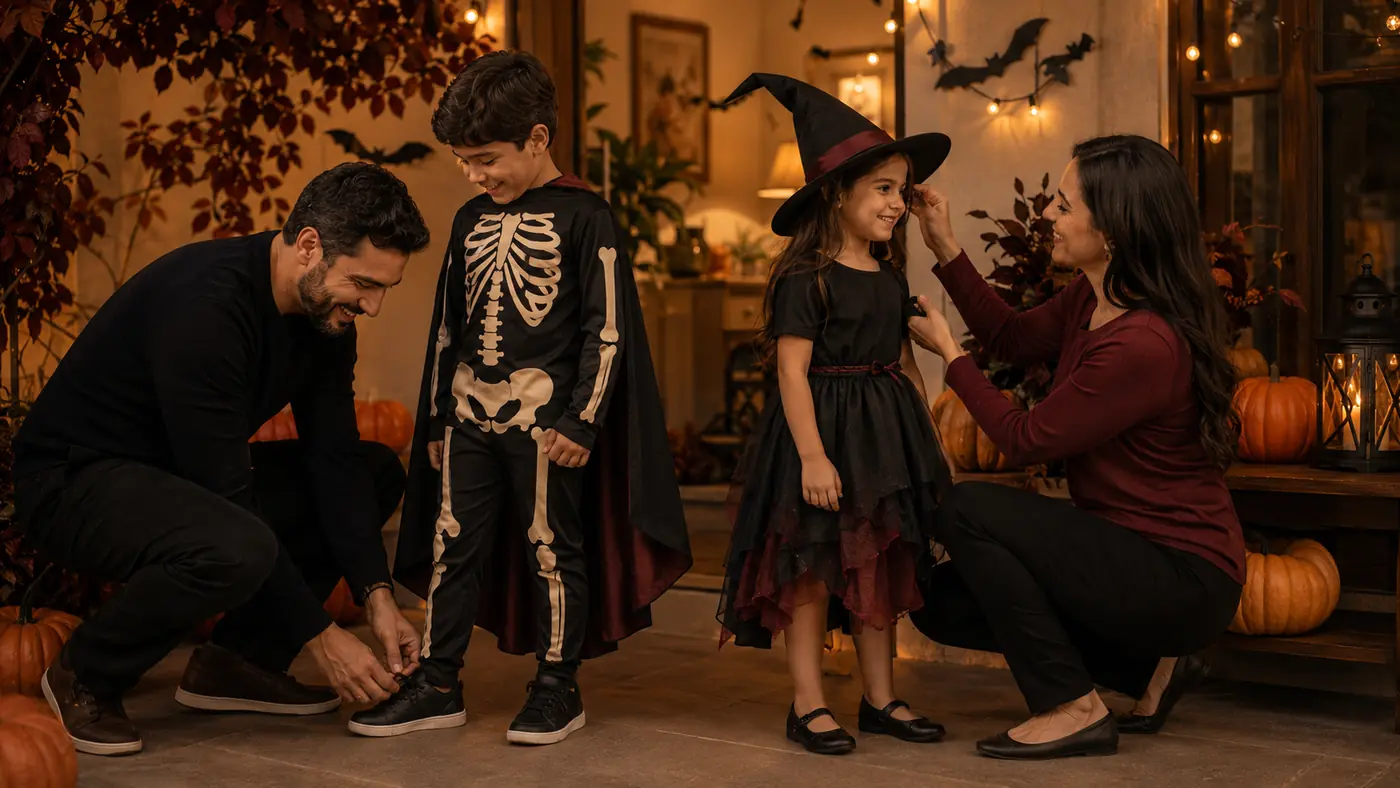 Pais ajudando crianças a ajustar fantasias infantis de Halloween com conforto e segurança