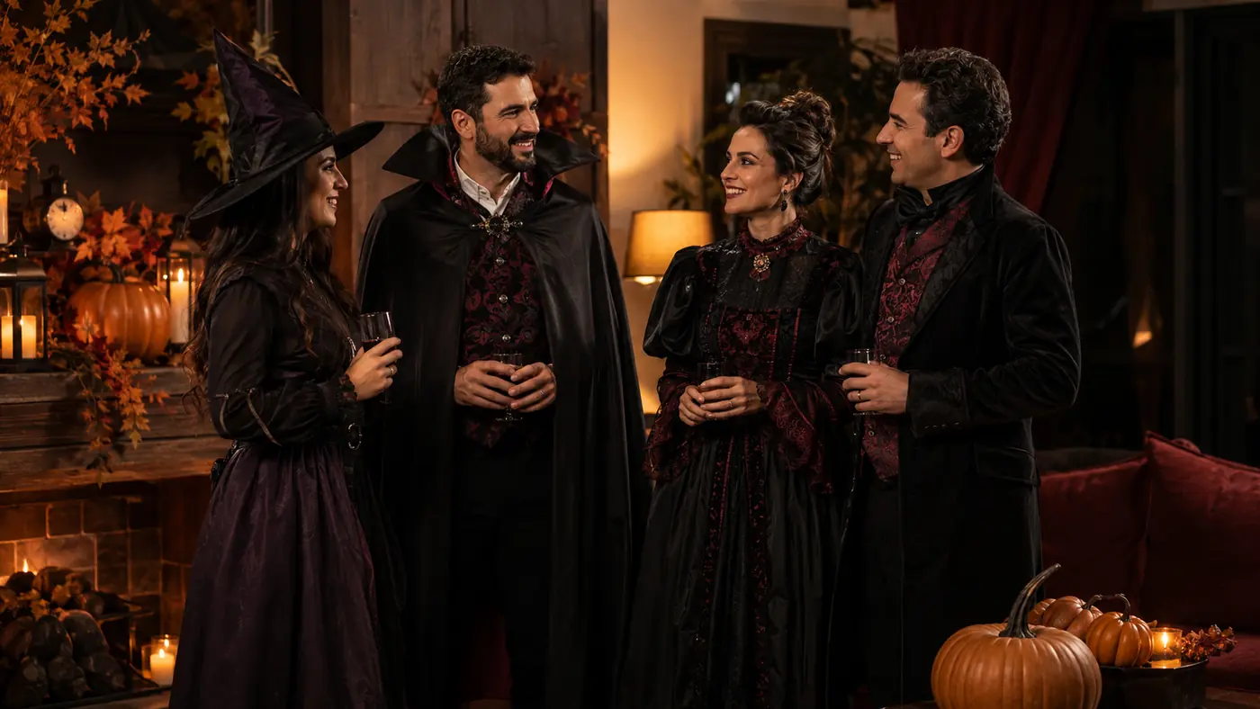 Adultos com fantasias de bruxa, vampiro e casal em uma festa de Halloween