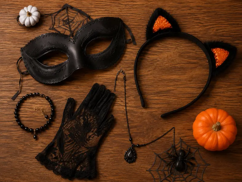 Máscara, tiara, luvas e acessórios para compor fantasias de Halloween