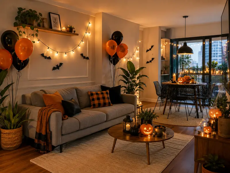 Sala de apartamento brasileiro decorada para uma festa de Halloween