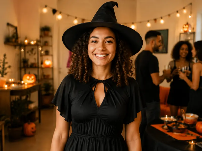 Mulher brasileira usando fantasia de bruxa em uma festa de Halloween