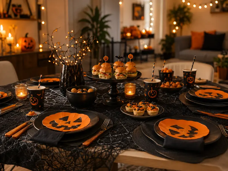 Mesa temática de Halloween preparada para receber convidados